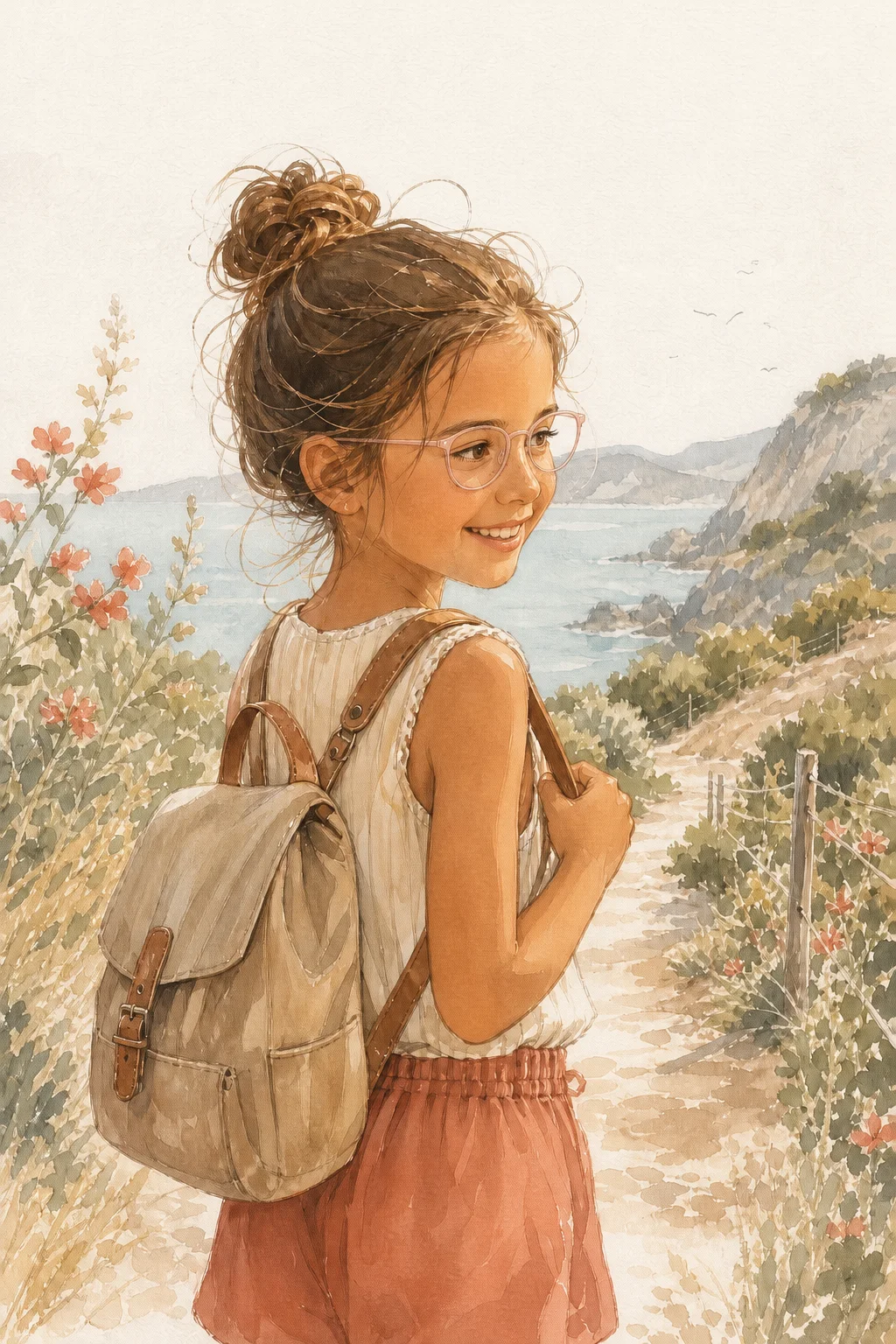 Mila sur un chemin côtier avec ses lunettes