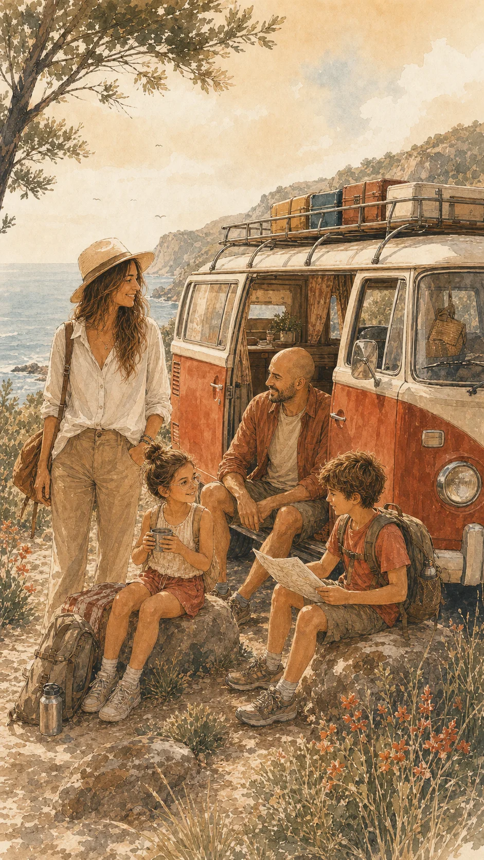 Illustration de la tribu autour du van sur la route