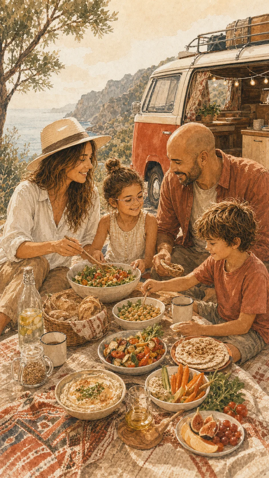 Illustration d'un repas végétarien en voyage en famille