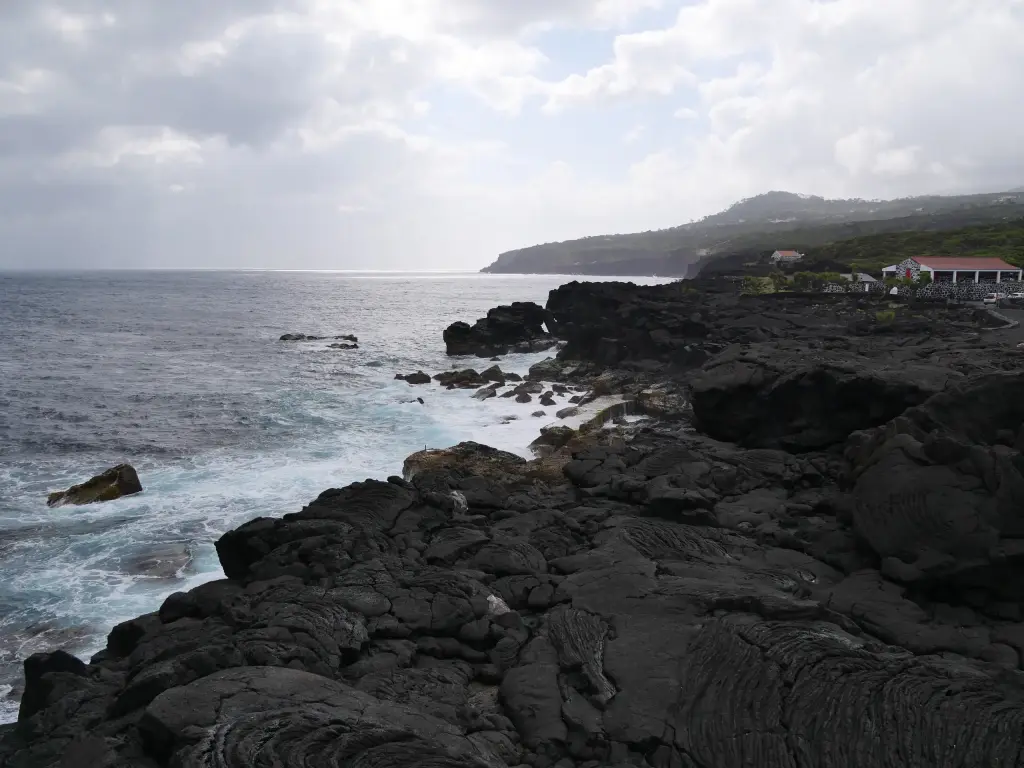 Côte de lave noire et vagues sur l'île de Pico
