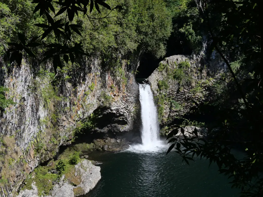 Cascade de Bassin La Mer entourée par la végétation de Salazie
