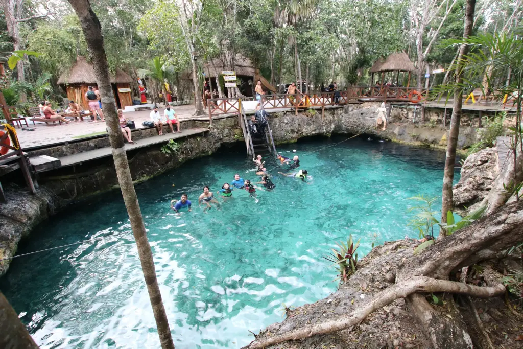 Baignade dans l'eau claire du cénote Zacil-Ha près de Tulum