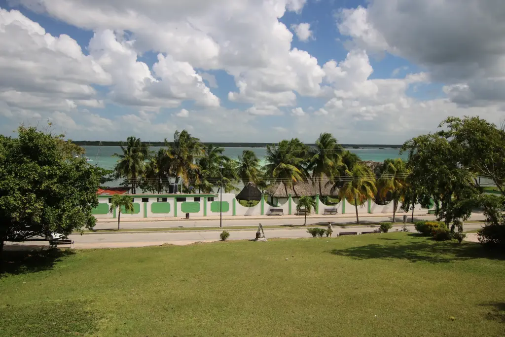 Palmiers et promenade au bord de la lagune de Bacalar